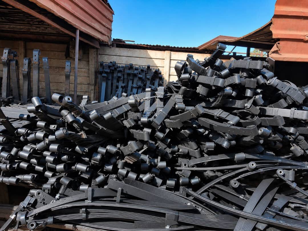 Stock of van and light truck leaf spring components and U-bolts at Petfetch Springs workshop